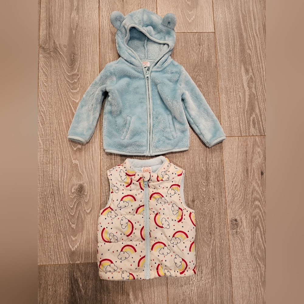 Pair of Wonder Nation blue teddy bear hood jacket and rainbow vest
